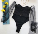 Black Sweetheart One Piece Swimwear with Mesh Sleeves