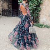 Cut Out Back Long Sleeve Floral Evening Dress