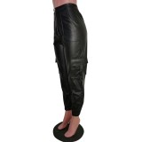 Black Leather High Waist Zipper Pants