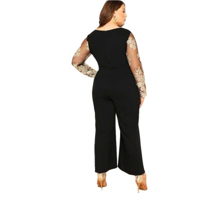 Plus Size V-Neck Floral Jumpsuit with Sleeves