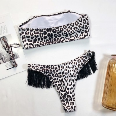 Leopard Print Strapless Tassels Swimwear