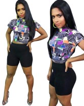 Print Colorful Crop Top and Black Shorts