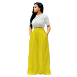 White Lace Top and Yellow High Waist Wide Pants 26515-4
