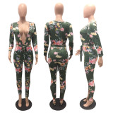 Sexy Deep-V Floral Green Jumpsuit with Belt 26238-1