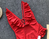 Red One-Piece Sexy Ruffles Swimwear
