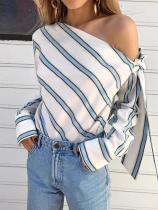 Long Sleeves Stripped Shirt with Irregular Shoulder