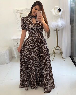 Short Sleeves Leopard Maxi Dress