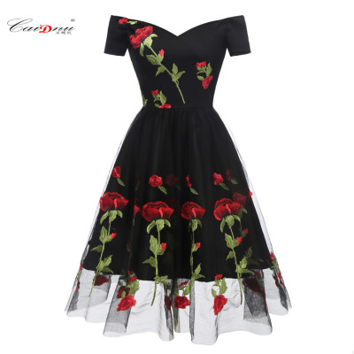 Romantic Rose Flower Black Party Dress