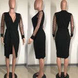 Black Wrapped Club Dress with Mesh Sleeves