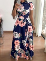 Print Flower Long Dress with Short Sleeves