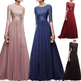 Lace Upper Long Evening Dress with 1/2 Sleeves