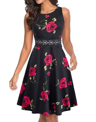 Lace Detailed Sleeveless Vintage Floral Dress