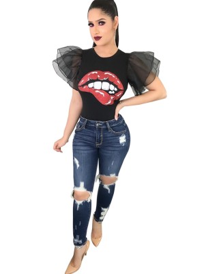 Sexy Lips Print Shirt with Pop Mesh Sleeves