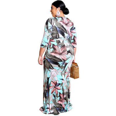 Plus Size Print Wrapped Maxi Dress with Pop Sleeves