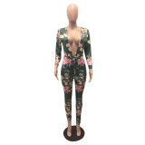 Sexy Deep-V Floral Green Jumpsuit with Belt 26238-1