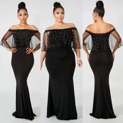 Off Shoulder Black Beaded Evening Dress