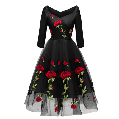 Black Embroidery A-line Prom Dress