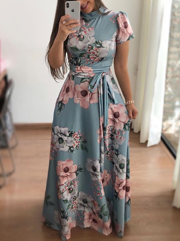 Print Flower Long Dress with Short Sleeves