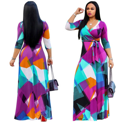 Long Sleeve Block Color Wrap Maxi Dress