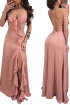 Sexy Pink Ruffles Evening Dress with Cross Back