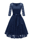 V-Neck A-Line Lace Dress with Sleeves