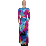 Long Sleeve Block Color Wrap Maxi Dress