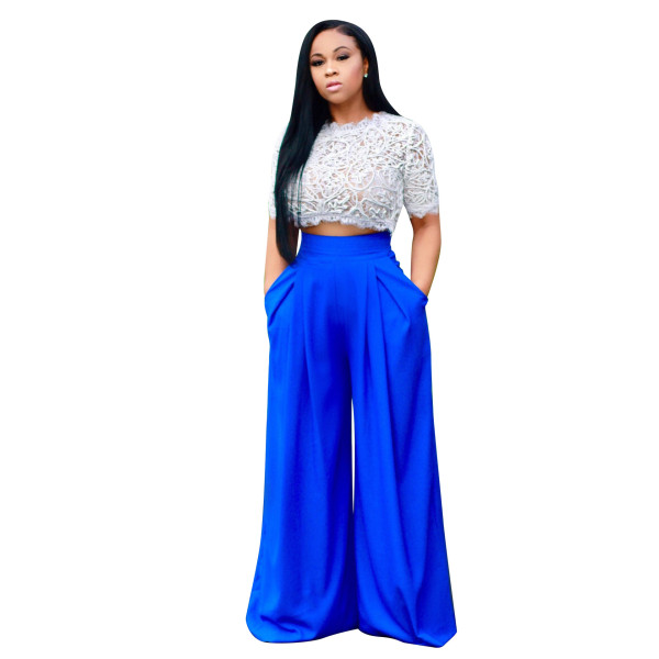 White Lace Top and Blue High Waist Wide Pants 26515-1