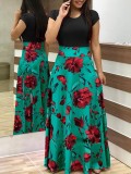 Print Flower Long Dress with Cap Sleeves