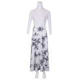 Floral White Round Neck Long Dress with Short Sleeves