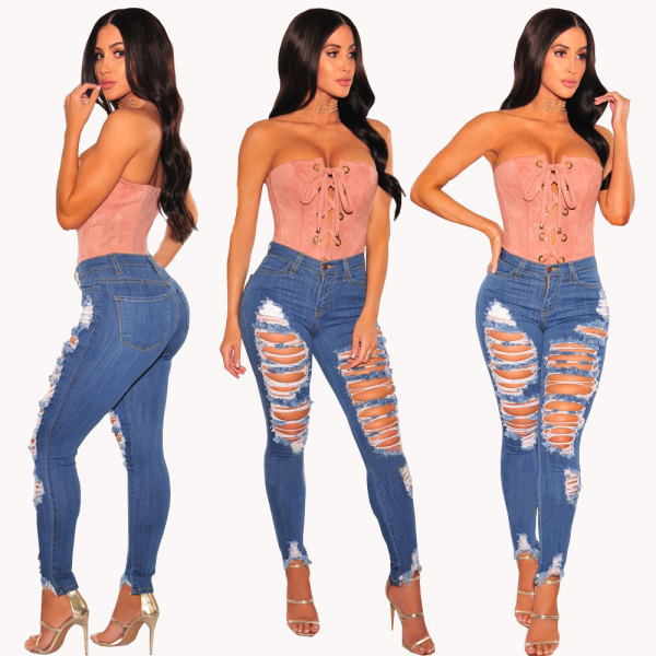 Light Blue Ripped Hole Destroyed High Wasit Jeans 25908