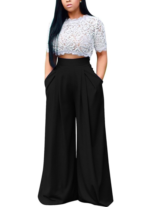 White Lace Top and Black High Waist Wide Pants