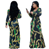 Chains Print Black Maxi Dress with Sleeves 27762