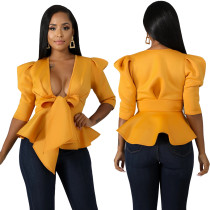 Sexy Plungging Peplum Top with Pop Sleeves