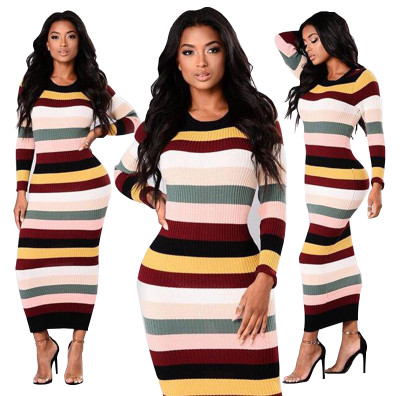 Multi-Colored Stripped Sheath Dress with Sleeves 27899