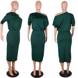 3/4 Sleeves One-Shoulder Plain Midi Dress 26755-4