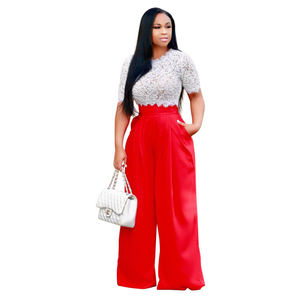 White Lace Top and Red High Waist Wide Pants 26515-2
