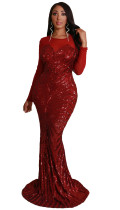 Red Sequins Long Sleeves Mermaid Evening Dress