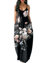 Black Floral Straps Long Pocket Dress