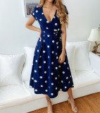Casual Under-Knee Polka Dress with Short Sleeves