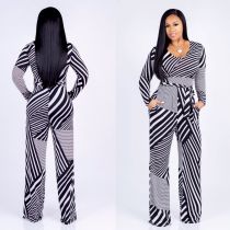 Long Sleeve Stripes White and Black Jumpsuit