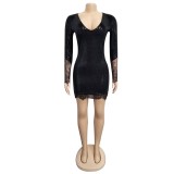 Black Sequins V-Neck Long Sleeves Club Dress
