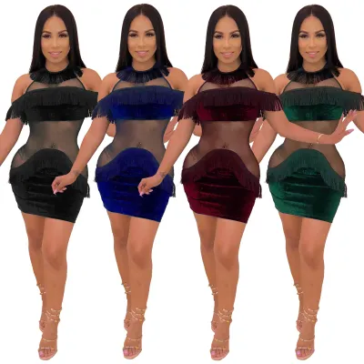 Sexy Velvet and Mesh Fringe Club Dress