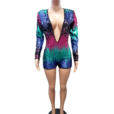 Multi-Color Sequins Deep-V Club Romper with Full Sleeves