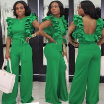 Green Occassional Jumpsuit with Ruffles Shoulders