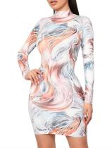Long Sleeve Print Bodycon Dress with Stand Neck