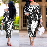 Off Shoulder Print Long Sheath Dress with Sleeves