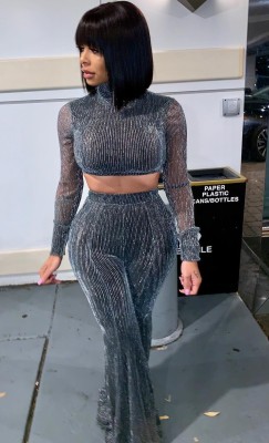 Sexy Shiny Long Sleeve Crop Top and Wide Pants
