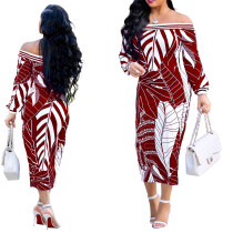 Off Shoulder Print Long Sheath Dress with Sleeves