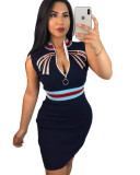 Navy Blue Print Sleeveless Bodycon Dress