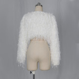 White Fringe Crop Sweater